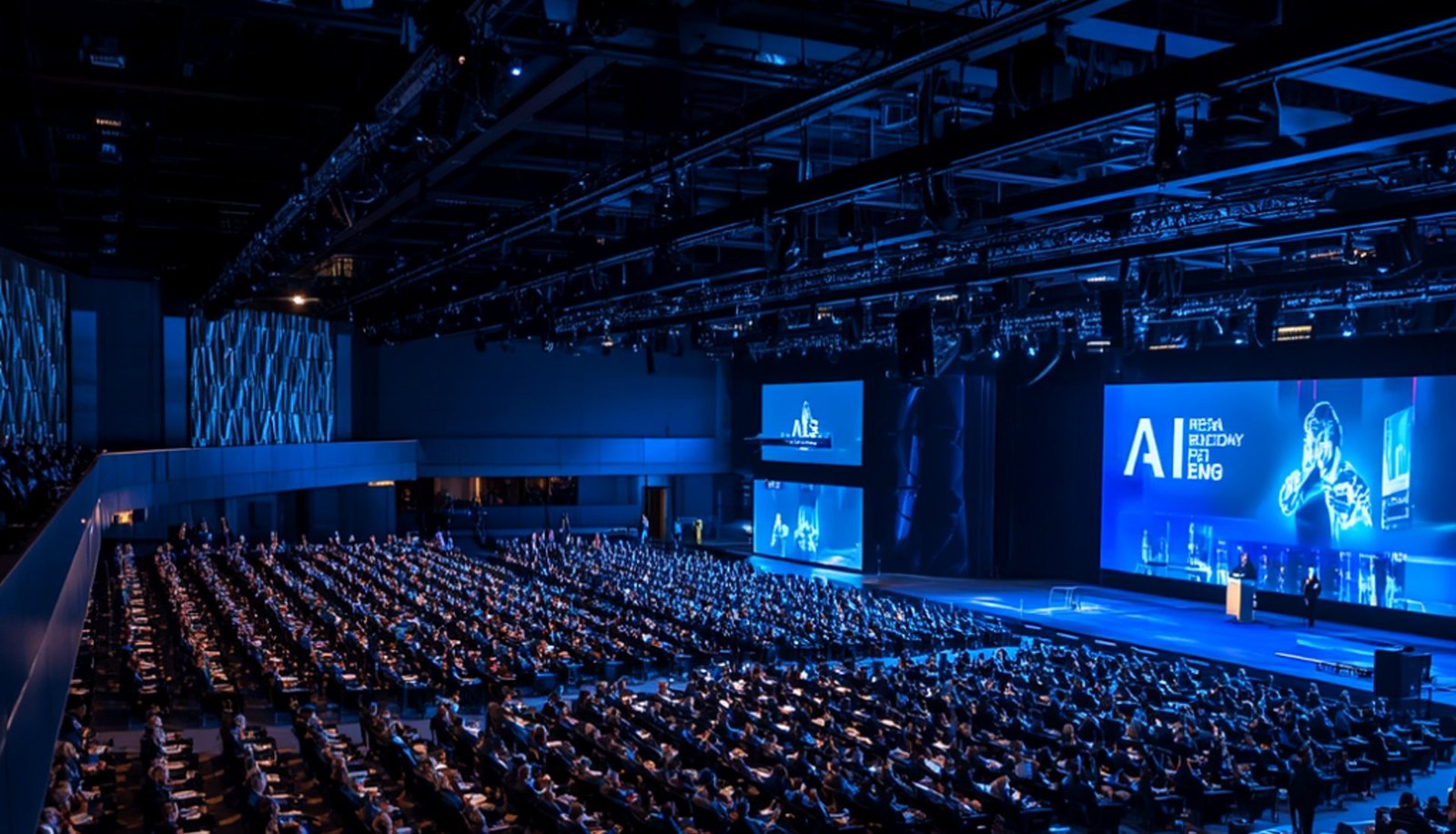 Packed AiSEAN conference auditorium with delegates and a large AI-branded stage screen