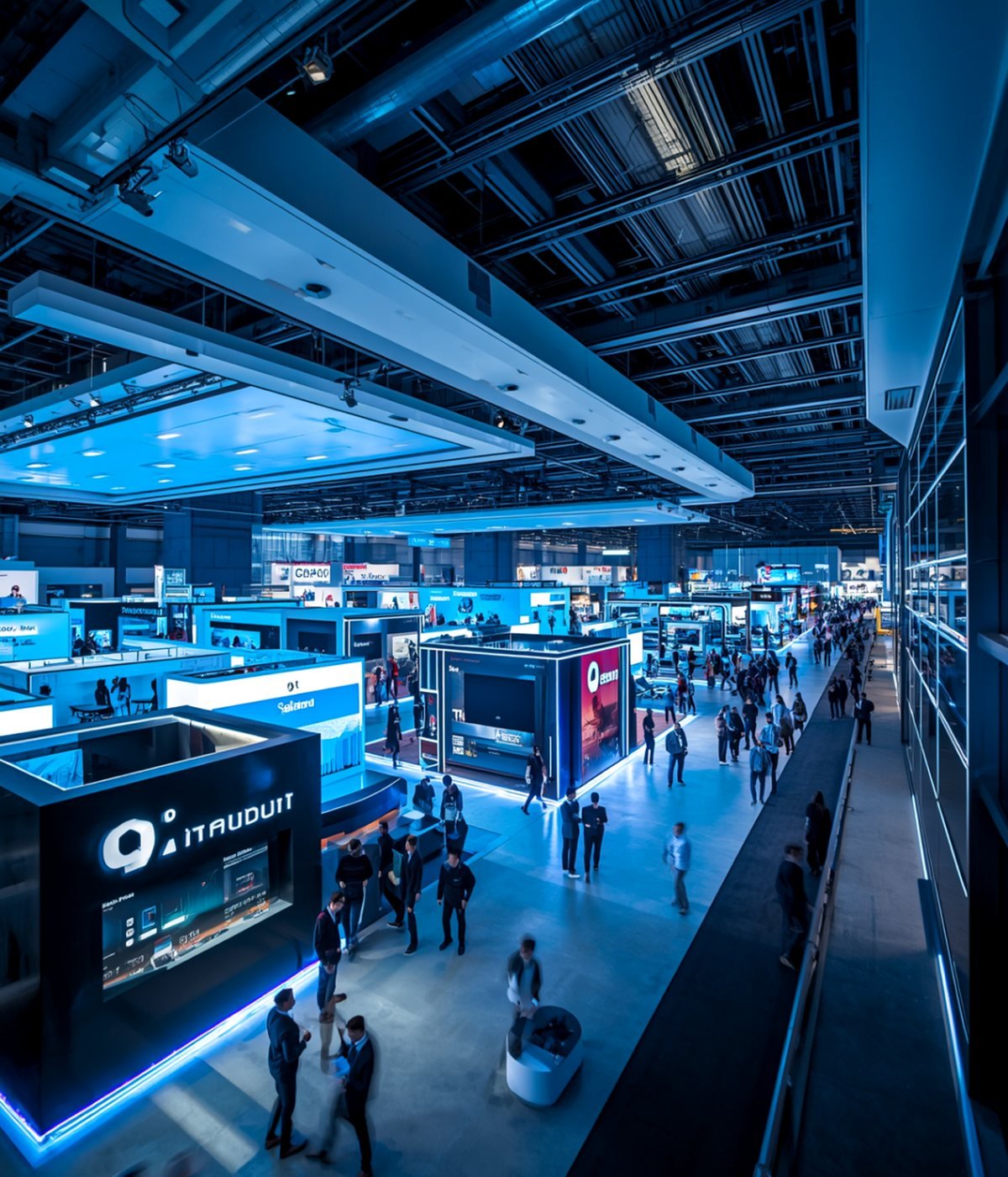 AI Expo exhibition hall with lit booths and delegates walking the floor