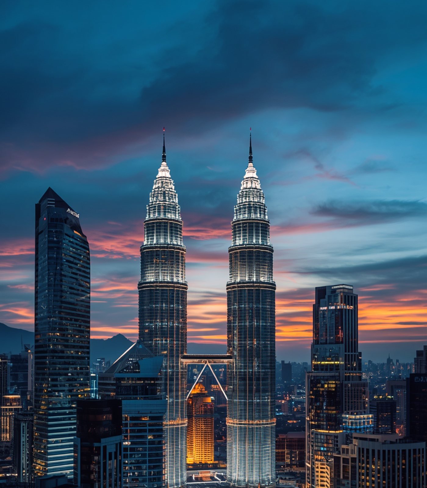 Petronas Towers at golden dusk with the surrounding KLCC park skyline